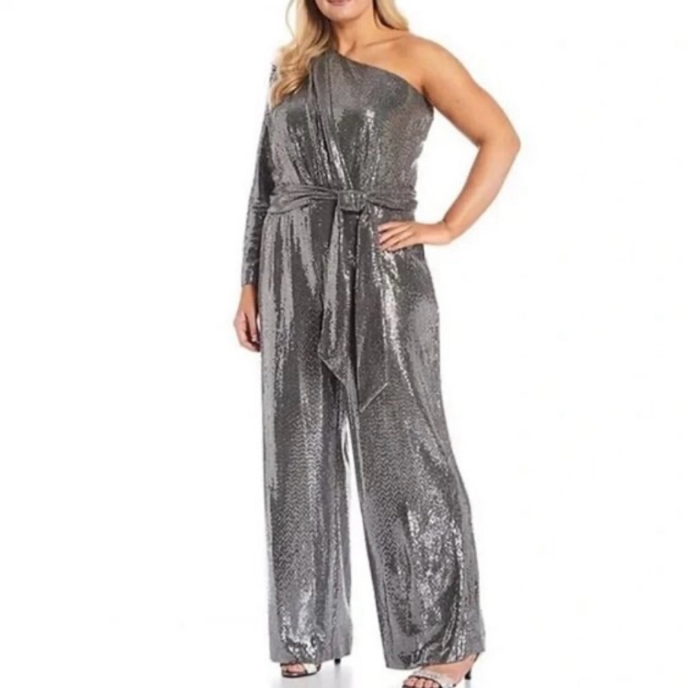 Alex Marie Metallic One-Shoulder Jumpsuit perfect for a holiday glam look
